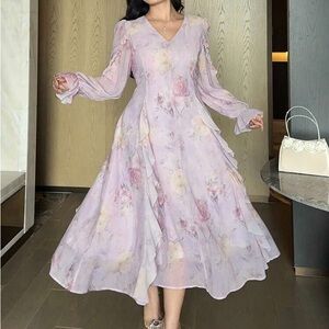Elegant Floral Long Sleeve Dress in Lavender